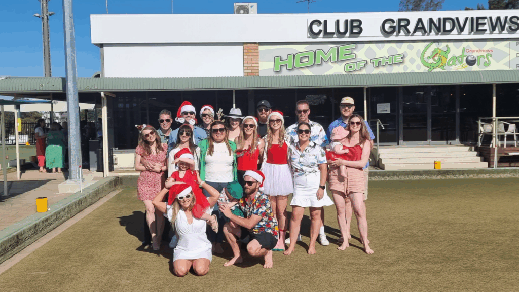 Group of people playing Barefoot Bowls at Grandviews Bowls Club Peakhurst